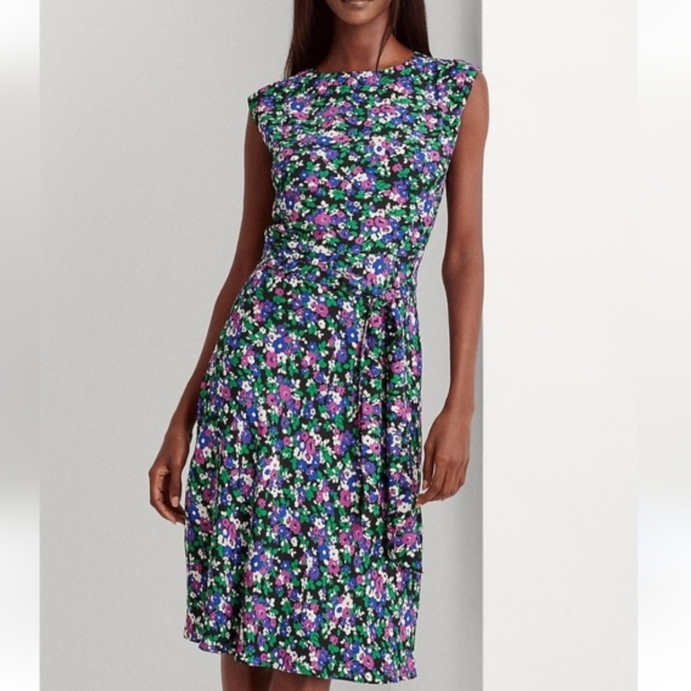 Ralph Lauren Purple Multi Floral Cap-Sleeve Midi Dress